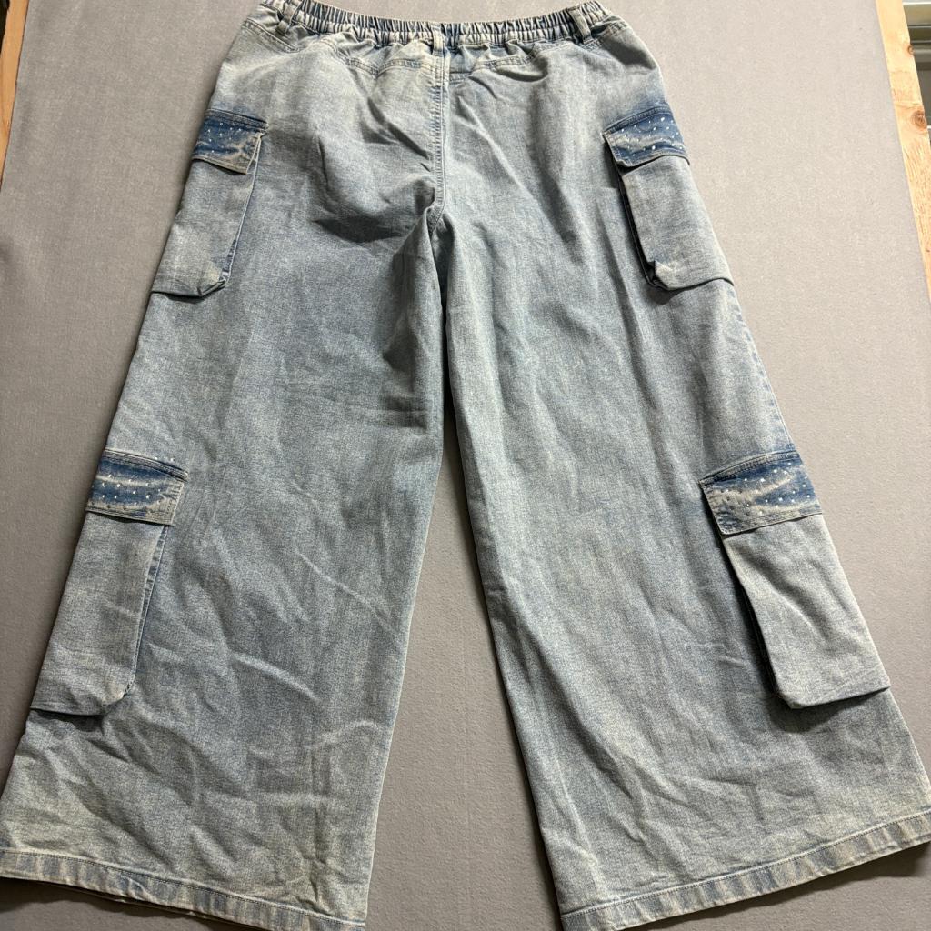 Madden NYC Cargo Jeans Womens XXL 20 Blue Light Wash Rhinestone Wide Leg New