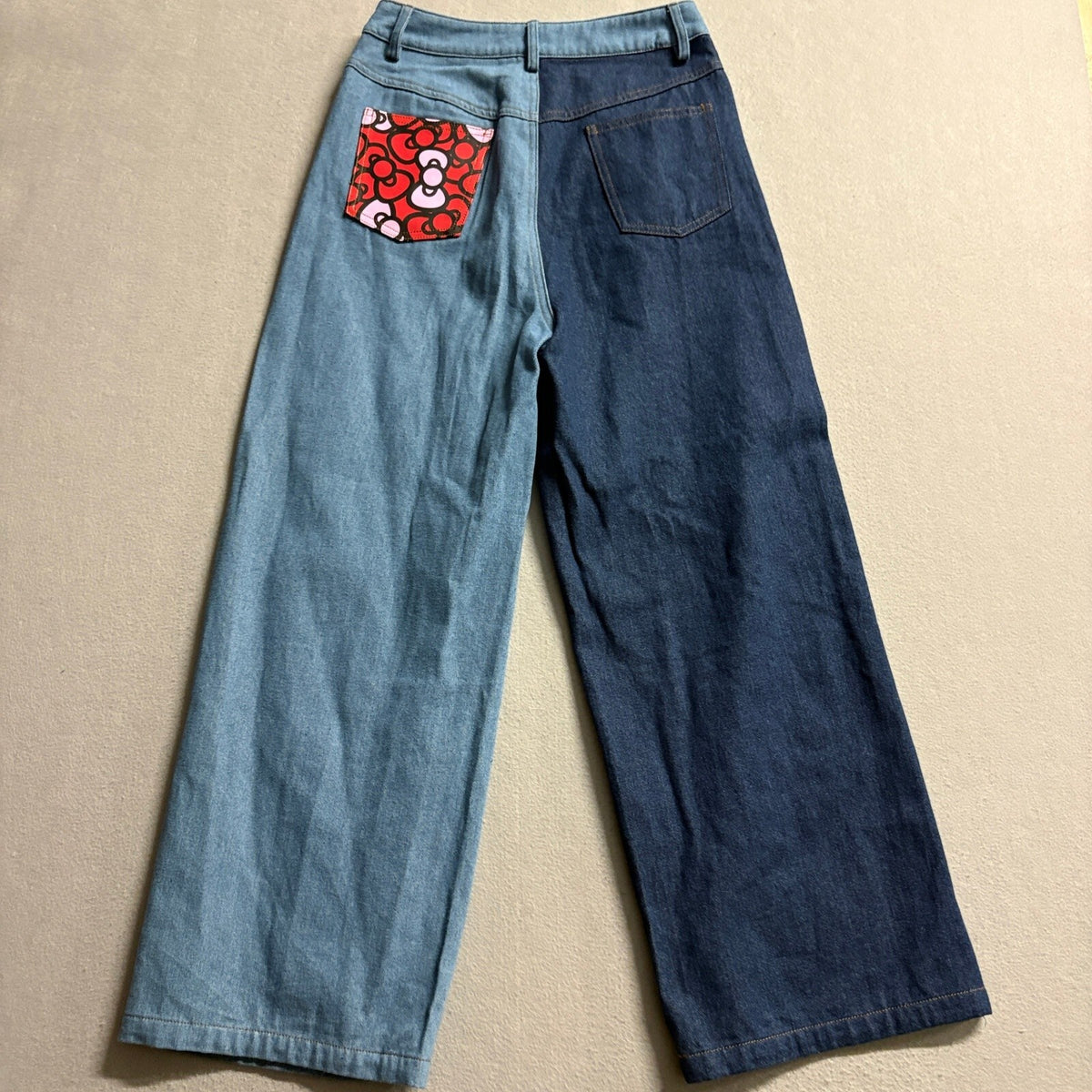 Shein Hello Kitty Wide Leg Jeans Womens Small Two Tone Blue Denim Colorblock