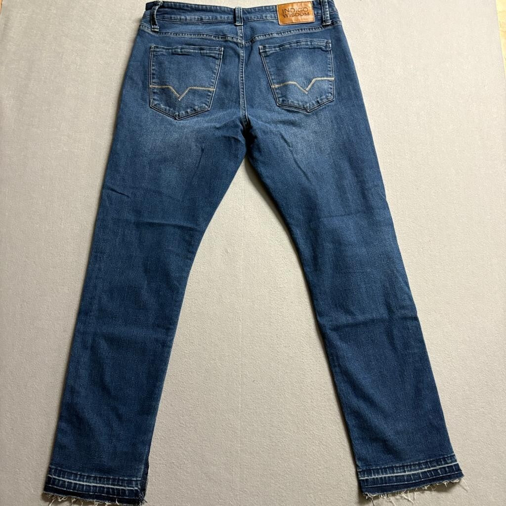 Indigo Wisdom Jeans Womens 34x30 Blue Denim Raw Hem Split Cuff Stretch Straight