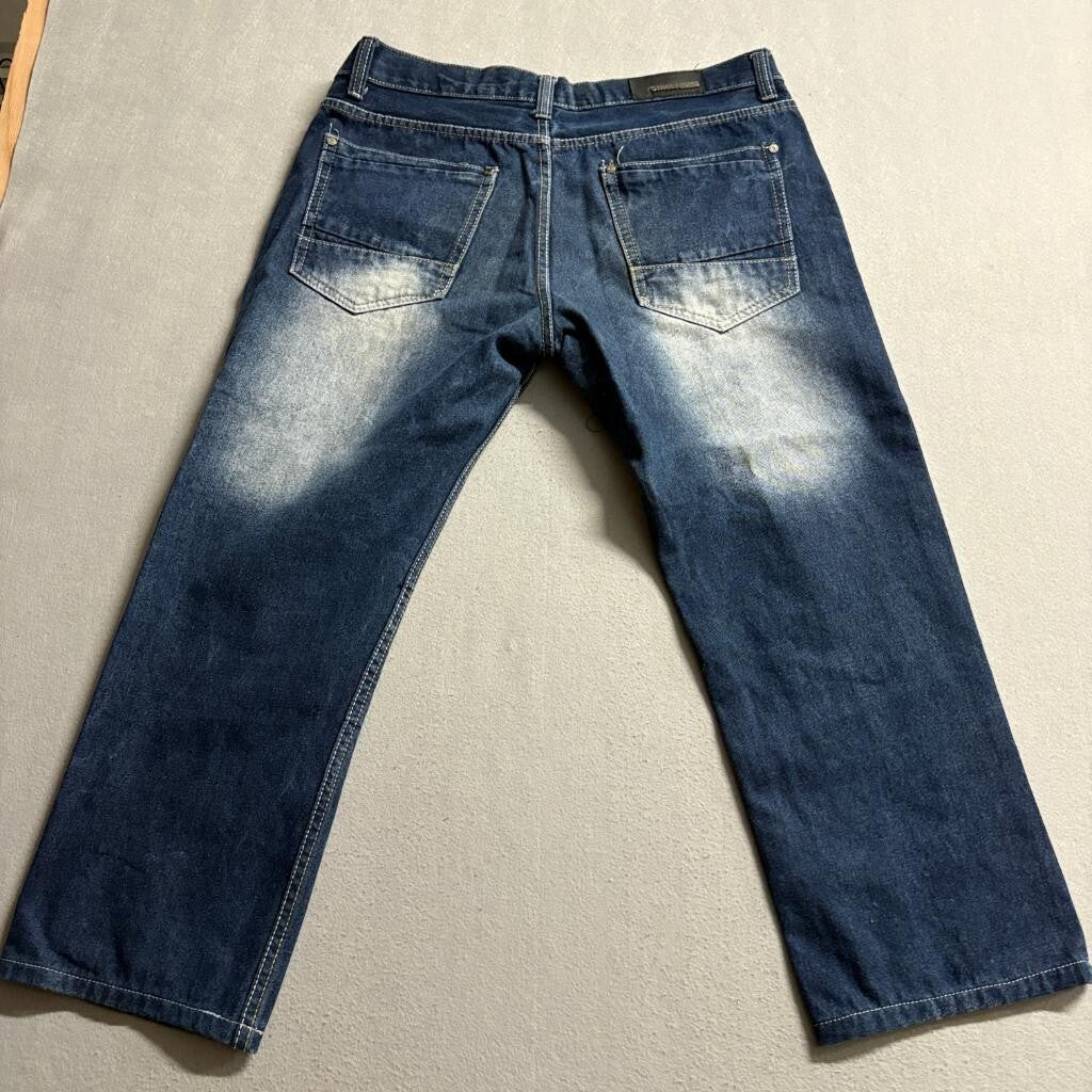 Street Rules Mens Jeans 36x32 Distressed Patchwork Denim Hip Hop Streetwear Blue
