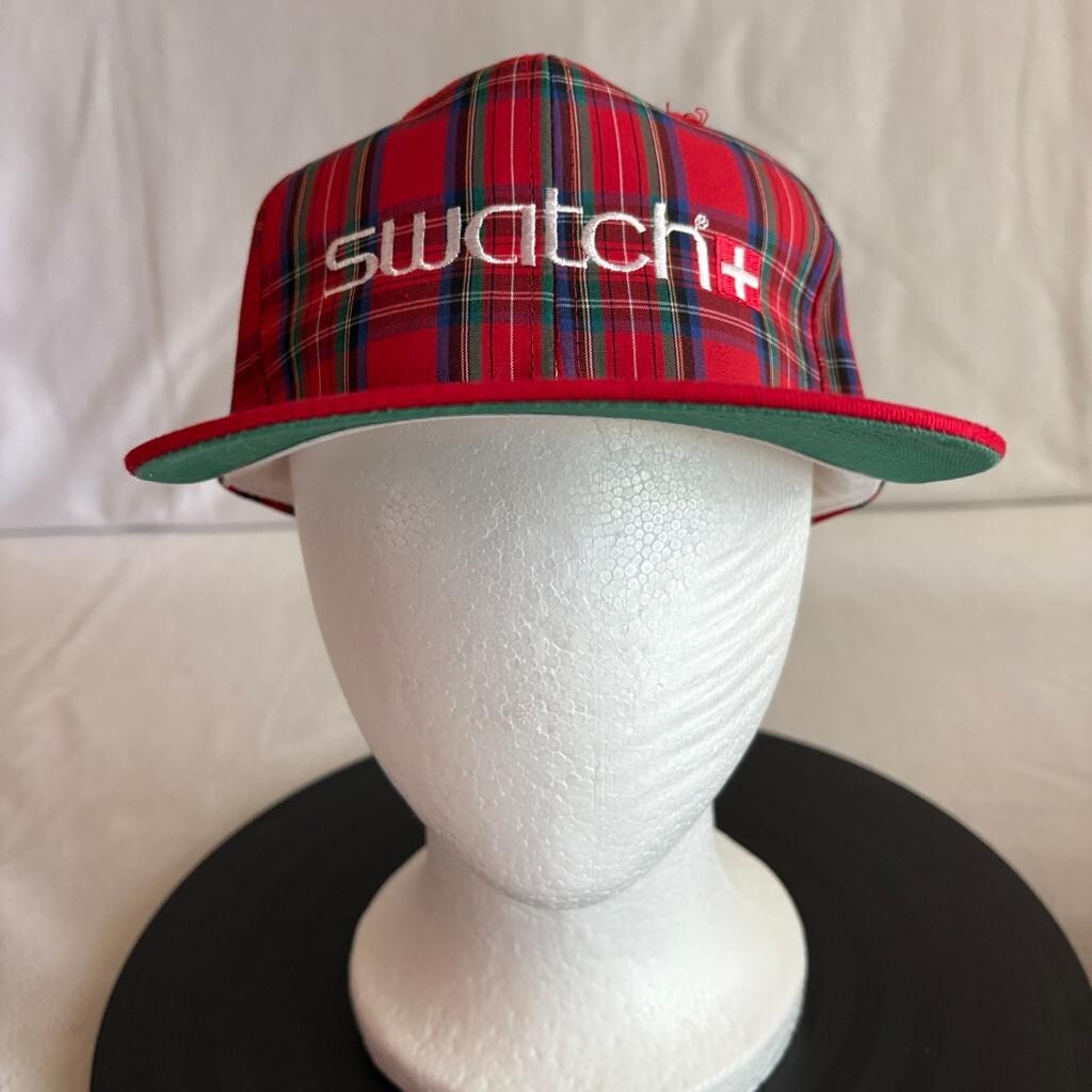 Vintage Swatch Watch Plaid Snapback Hat Mens Red Tartan KC Caps Made in Phils