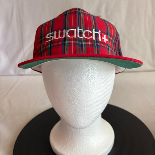 Vintage Swatch Watch Plaid Snapback Hat Mens Red Tartan KC Caps Made in Phils