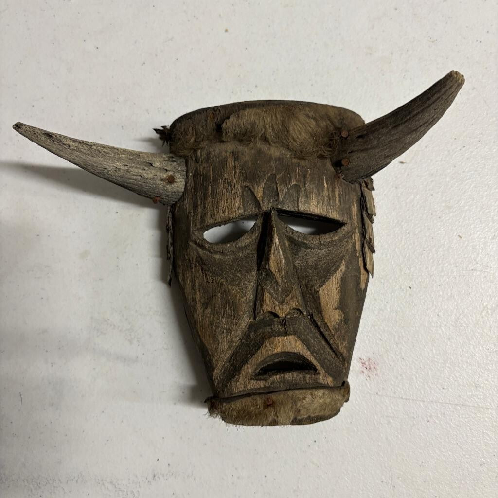 Vintage Hand Carved Wooden Horned Mask Folk Art Tribal Style Fur Accents 8 Inch