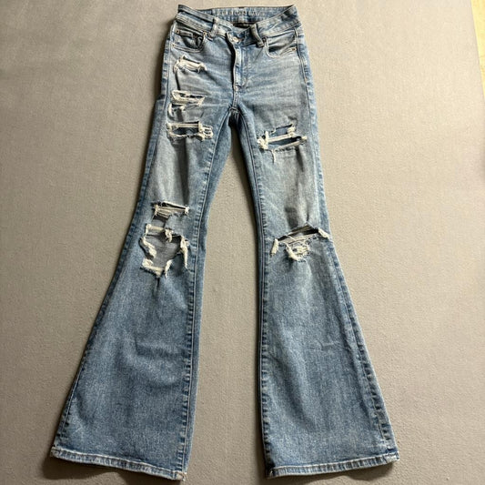 American Eagle Super Hi-Rise Flare Jeans Womens 00 Next Level Stretch Distressed