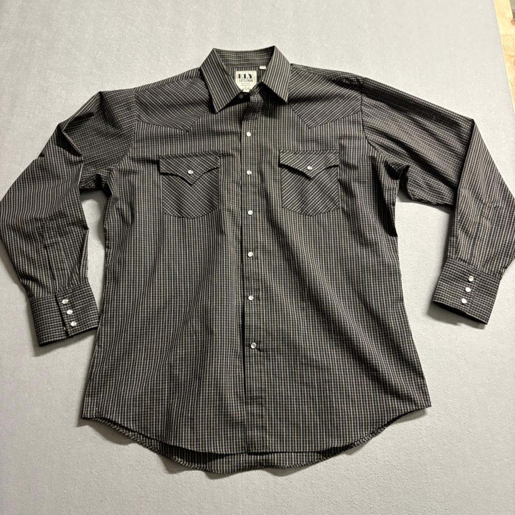 Ely Cattleman Western Shirt Mens Large Black Plaid Pearl Snap Long Sleeve Cotton