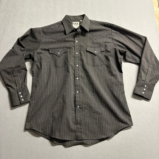 Ely Cattleman Western Shirt Mens Large Black Plaid Pearl Snap Long Sleeve Cotton