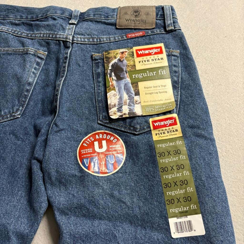 Wrangler Five Star Regular Fit Jeans Mens 30x30 Blue Denim Straight Leg New