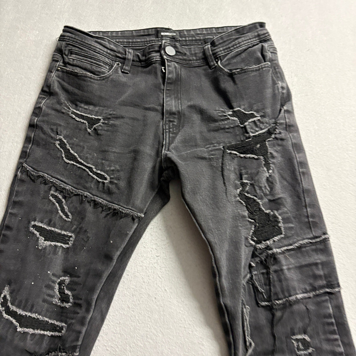 Fashion Nova Novamen Distressed Patchwork Jeans Mens 32 Black Stretch Denim