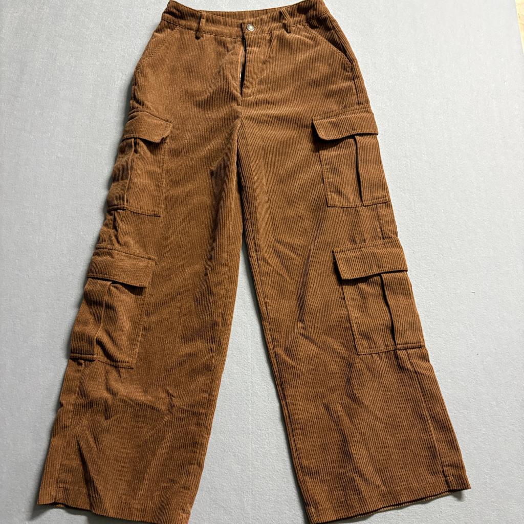 Shein Corduroy Cargo Pants Womens Small Brown Wide Leg High Rise Nds Zipper