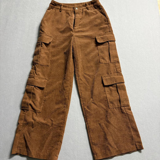 Shein Corduroy Cargo Pants Womens Small Brown Wide Leg High Rise Nds Zipper