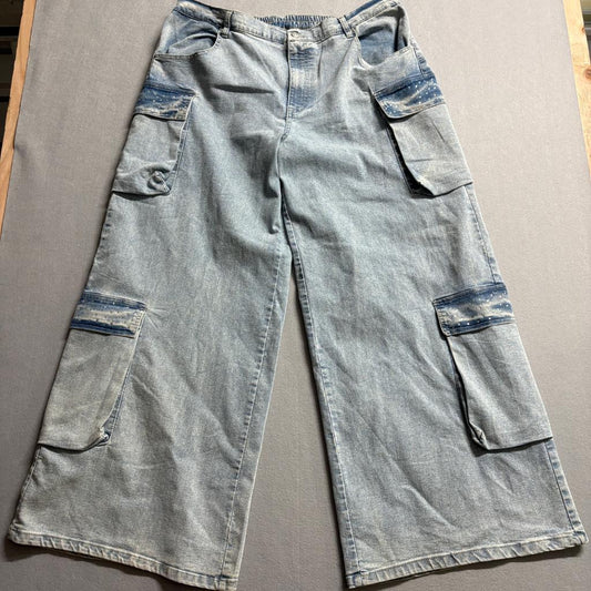 Madden NYC Womens Wide Leg Cargo Jeans Light Wash Rhinestone Accent Size 1X