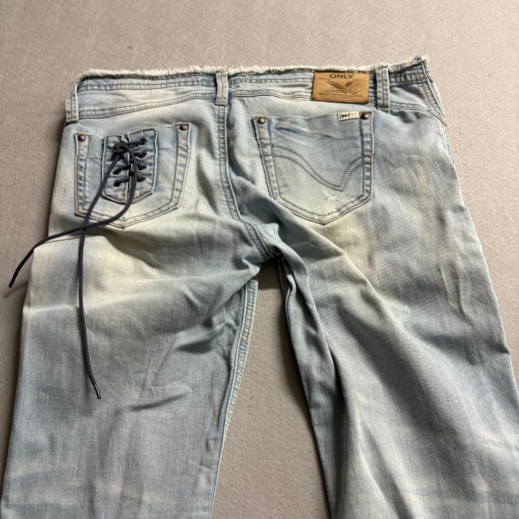 Only Jeans Womens 30 Light Wash Distressed Low Rise Skinny Lace Up Back Pocket