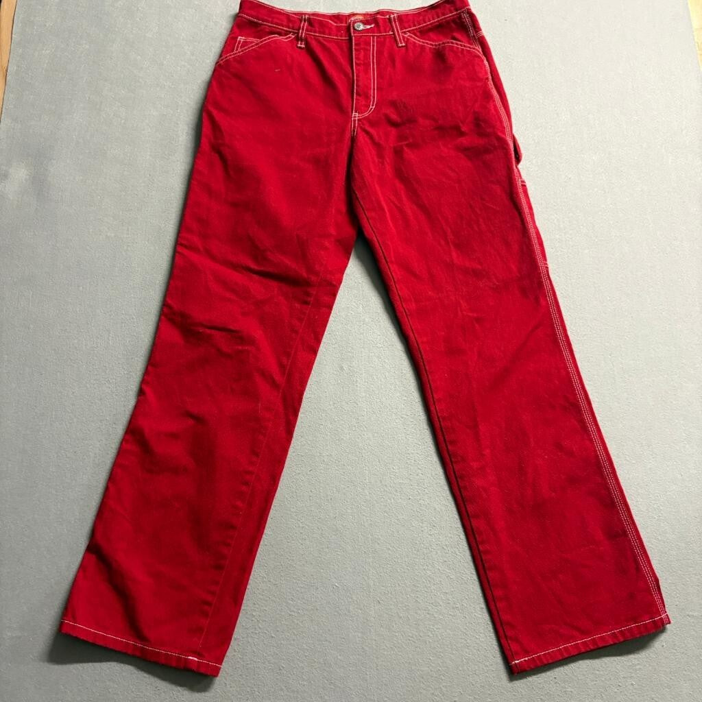 Dickies Girl Carpenter Jeans Womens Size 7/28 Red Denim White Contrast Stitch