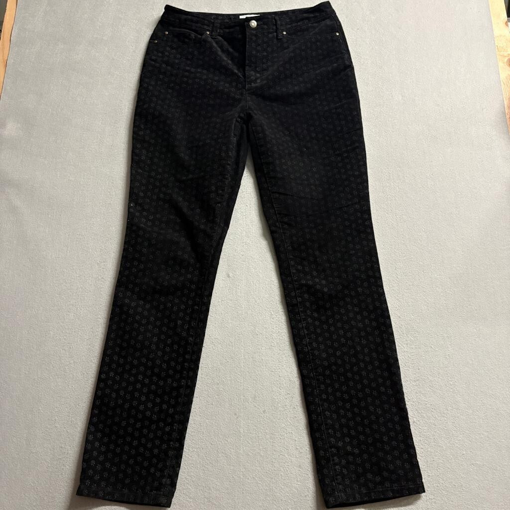 Charter Club Corduroy Pants Womens 8 Black Floral Print Stretch Straight Leg