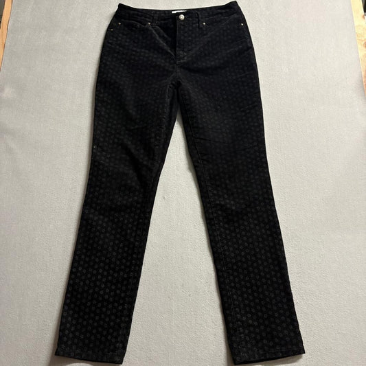 Charter Club Corduroy Pants Womens 8 Black Floral Print Stretch Straight Leg
