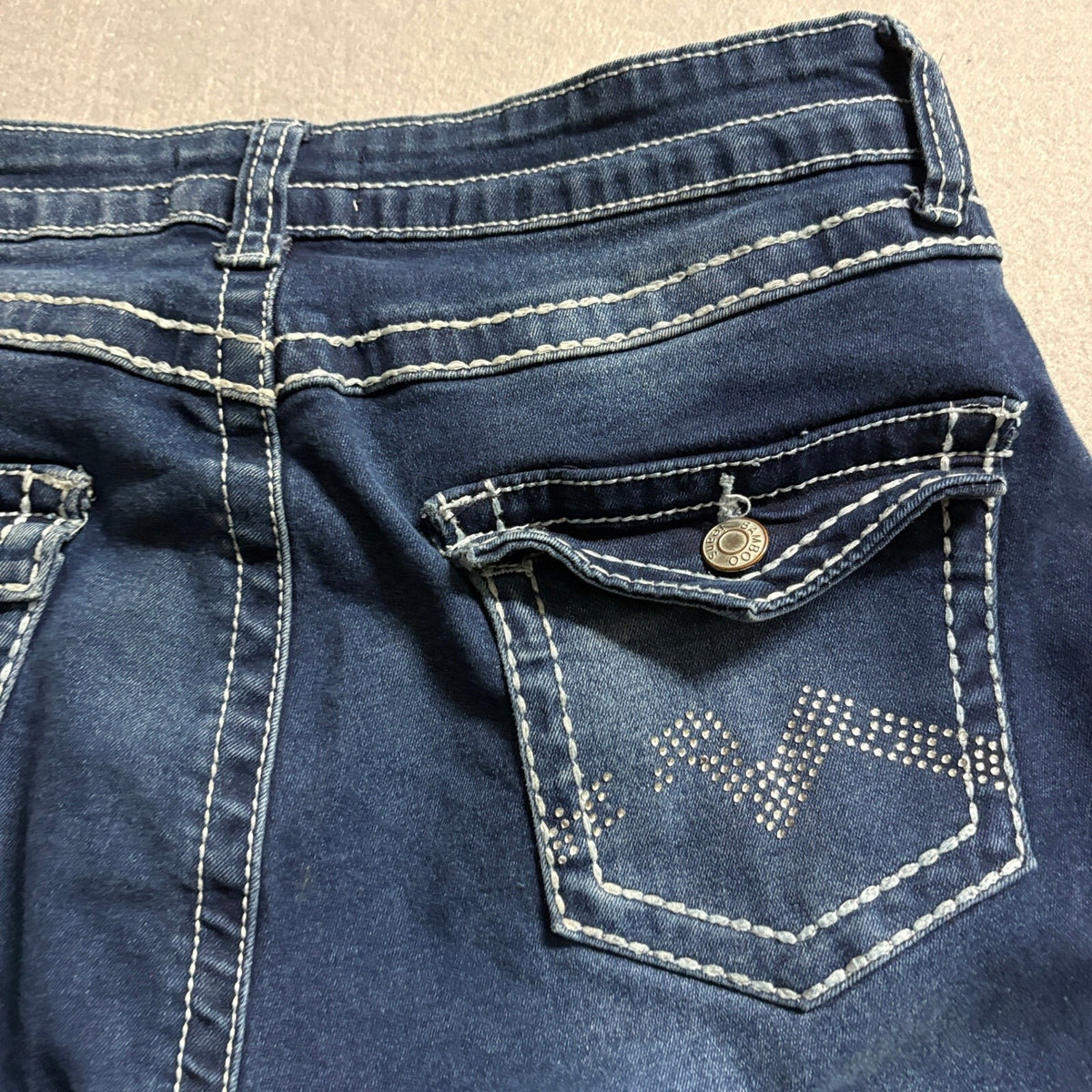 Bamboo Jeans Womens Size 15 Distressed Bootcut Flare Dark Wash Stretch Denim