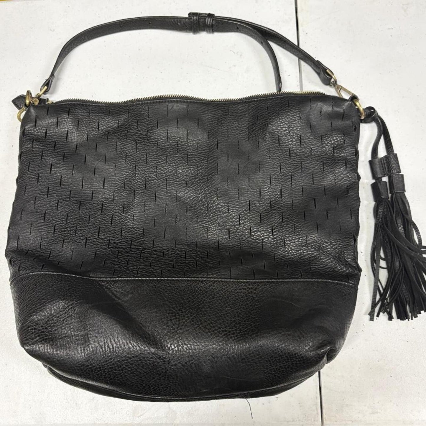 Unbranded Black Leather Hobo Bag Laser Cut Perforated Tassel Shoulder Slouchy