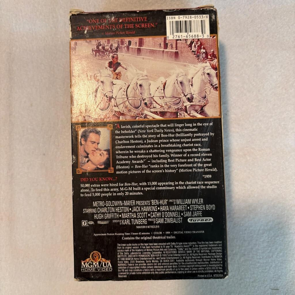 Ben-Hur VHS 2-Tape Set Charlton Heston MGM UA Screen Epics 1959 Film