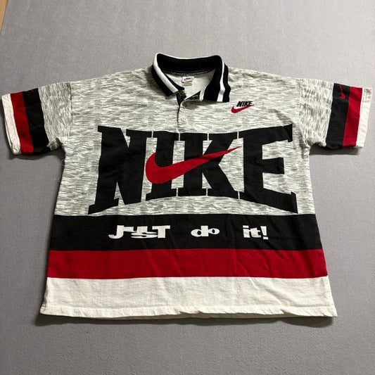 Vintage Nike Polo Shirt Mens Large Gray Red Spell Out Just Do It 90s Streetwear
