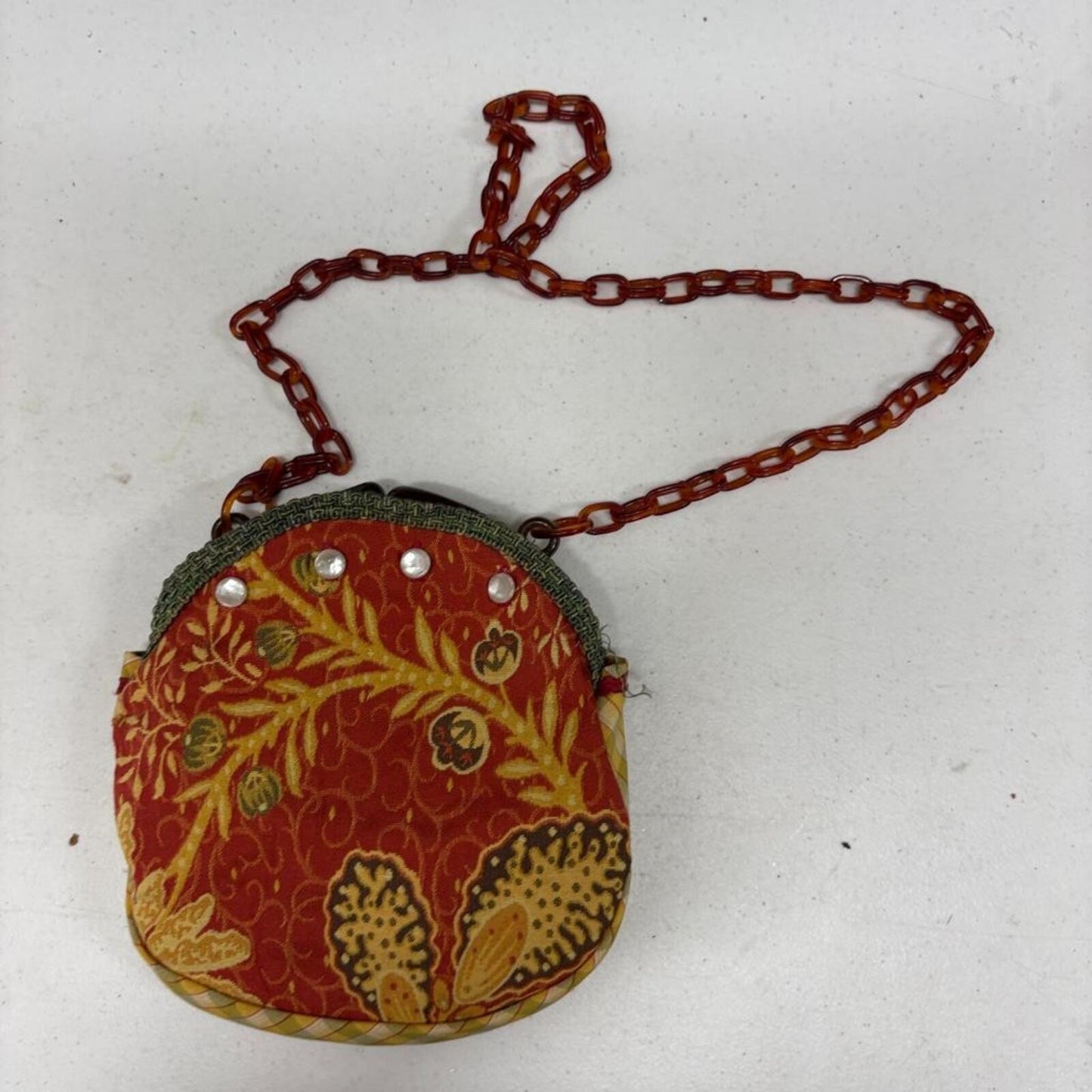 Vintage Handmade Fabric Purse Red Yellow Floral Pattern Tortoiseshell Chain