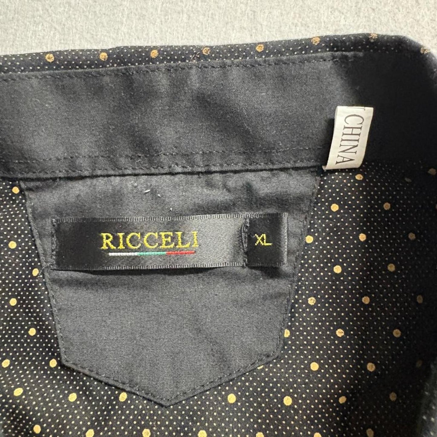 Ricceli Western Shirt Mens XL Black Gold Polka Dot Pearl Snap Long Sleeve