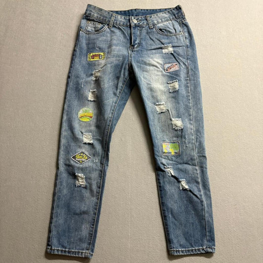 Unbranded Distressed Patchwork Jeans Womens Size 28 Blue Denim Destroyed Rip
