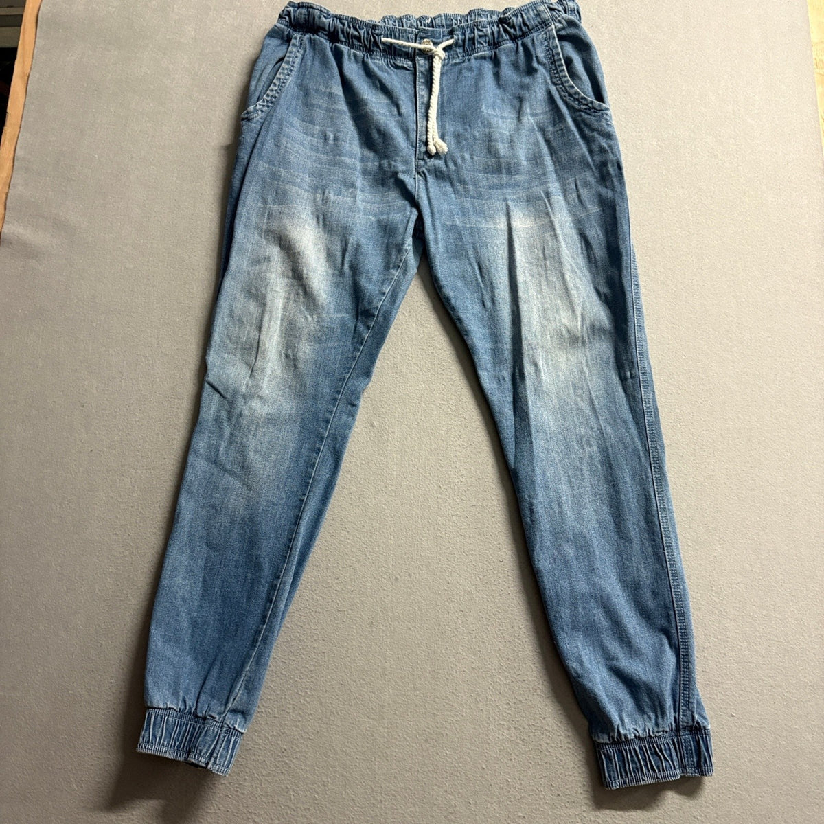 OTB Denim Joggers Mens Medium Blue Elastic Drawstring Waist Cuffed Hem Pants