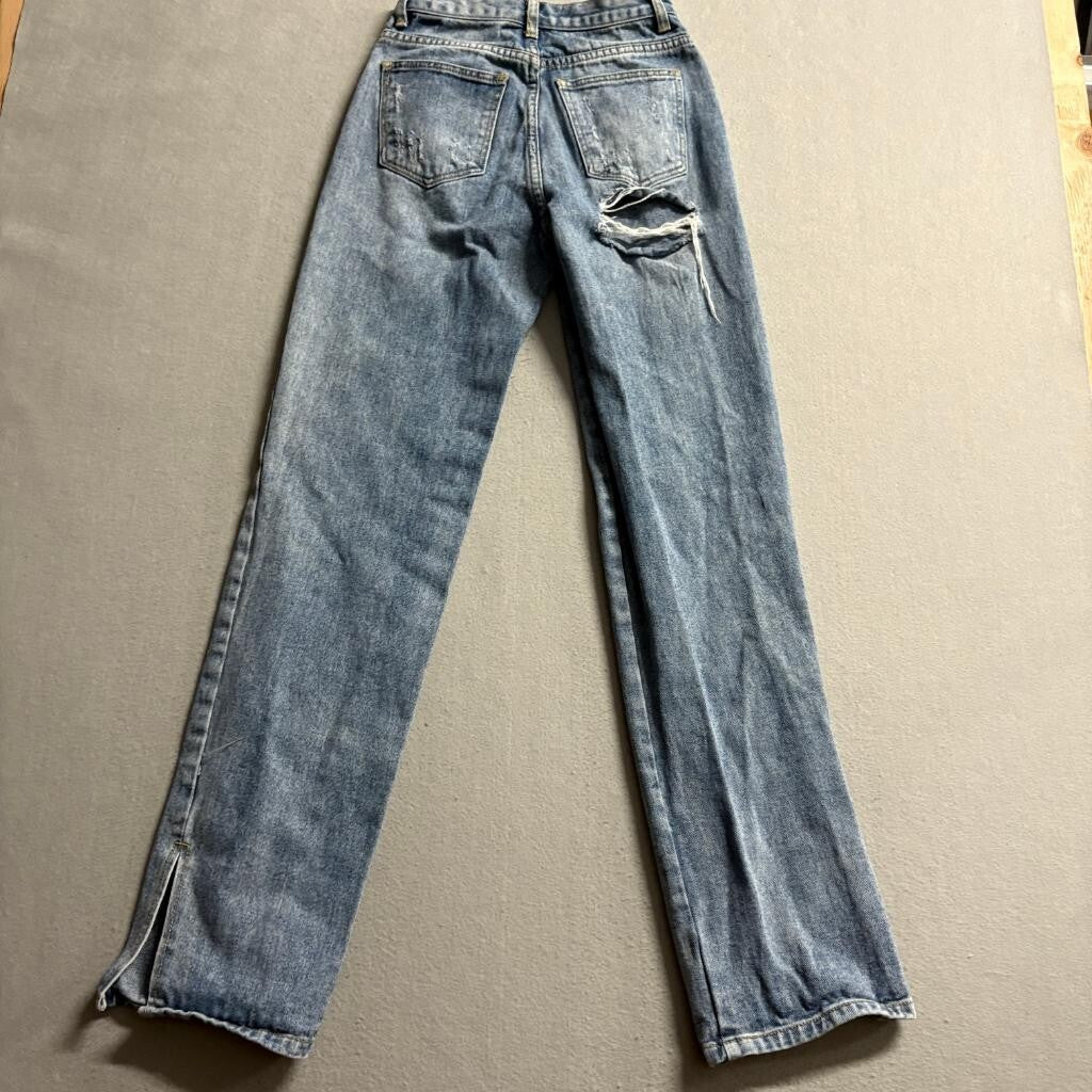 PrettyLittleThing High Rise Straight Leg Jeans Womens US 2 Blue Split Hem Ripped