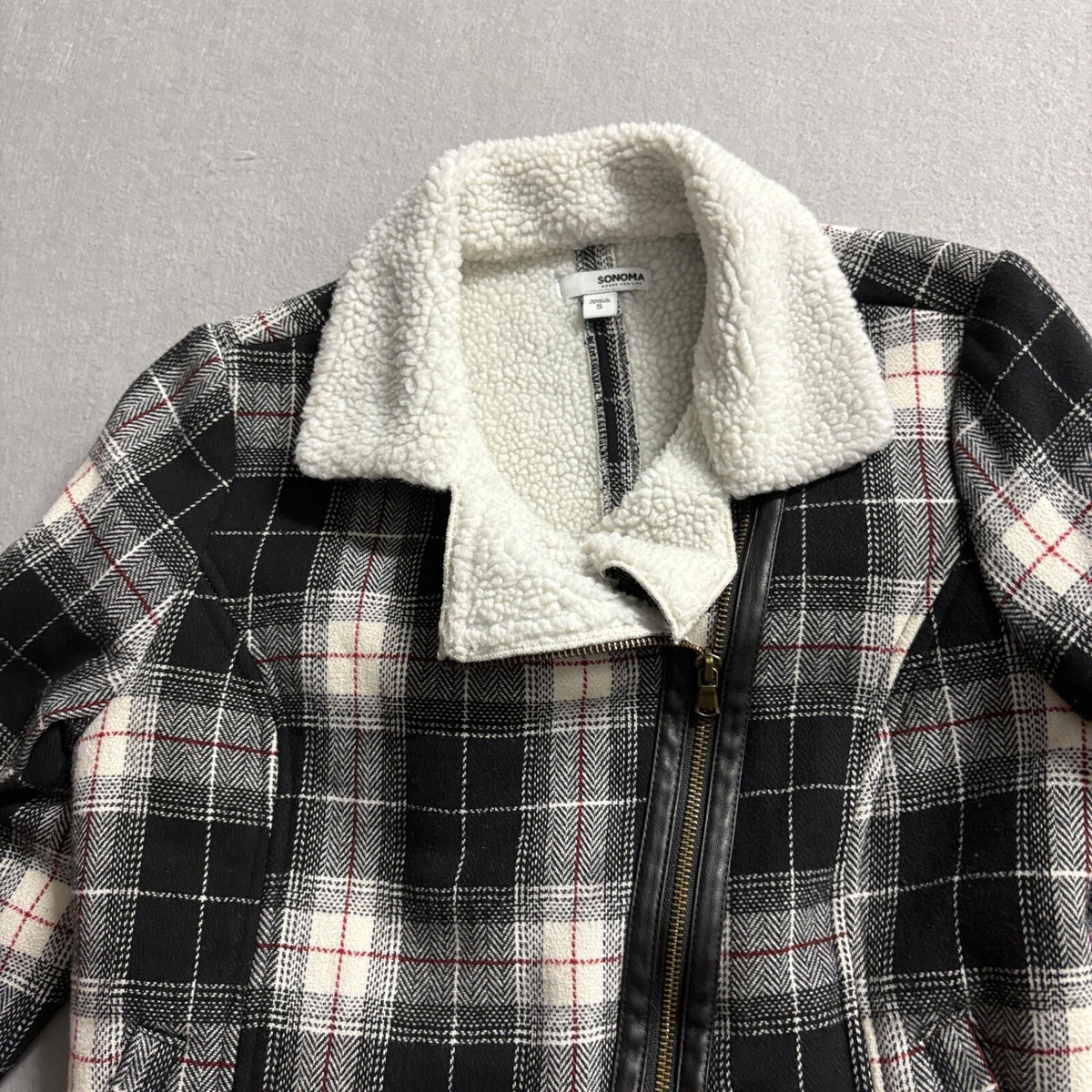 Sonoma Plaid Sherpa Lined Moto Jacket Womens Small Black White Asymmetrical Zip