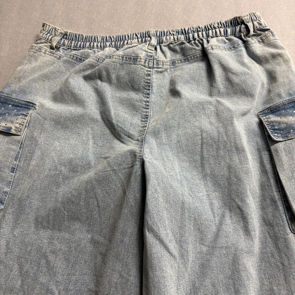 Madden NYC Womens Wide Leg Cargo Jeans Light Wash Rhinestone Accent Size 1X