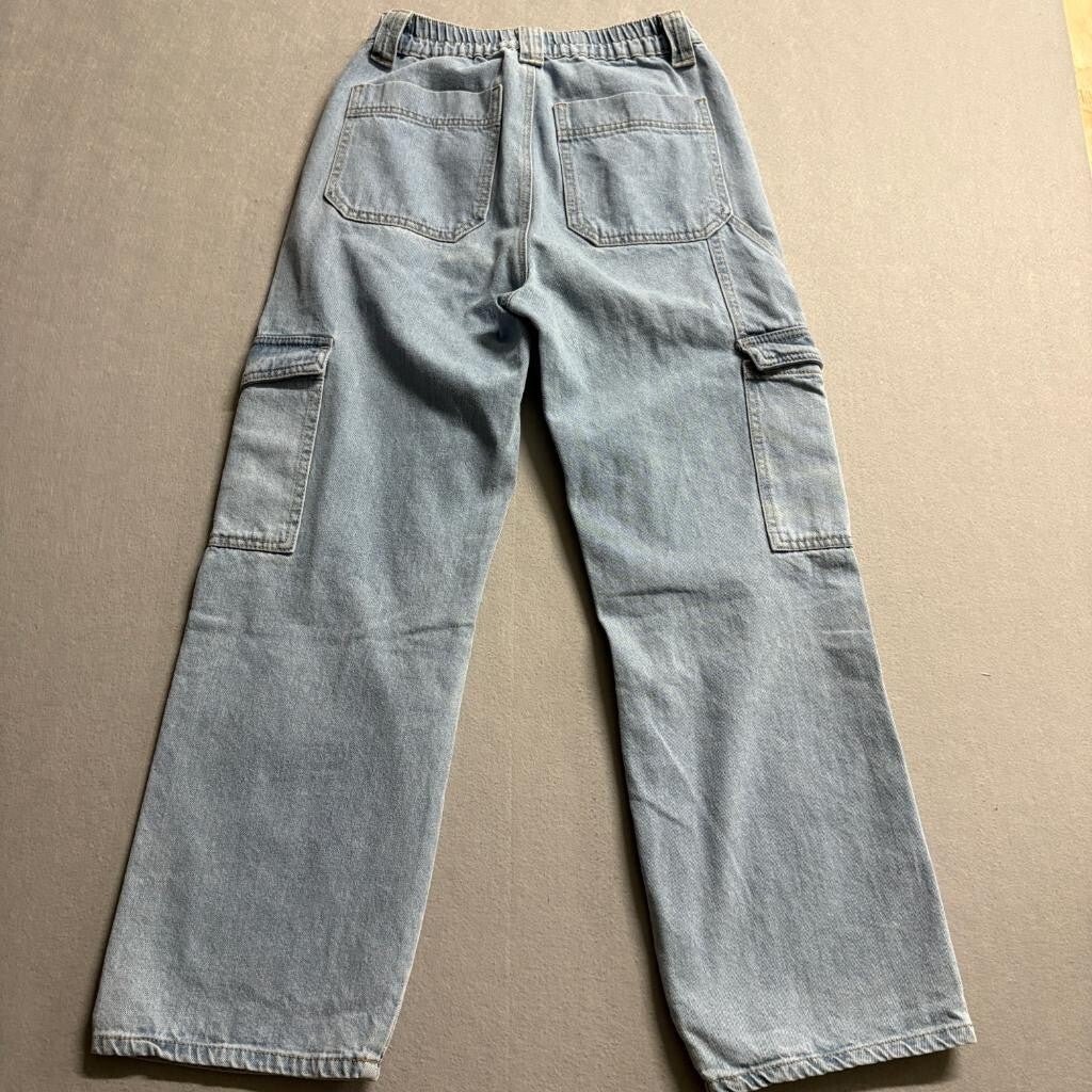 Wax Jean Collection Womens Medium Light Wash Denim Cargo Jeans Elastic Waist
