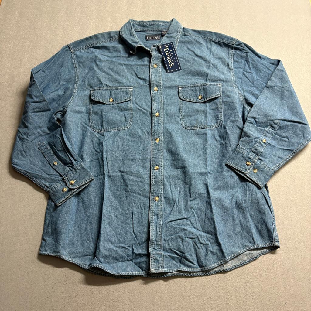 Basic Editions Denim Shirt Mens XL Blue Long Sleeve Button Up Vintage Kmart NWT