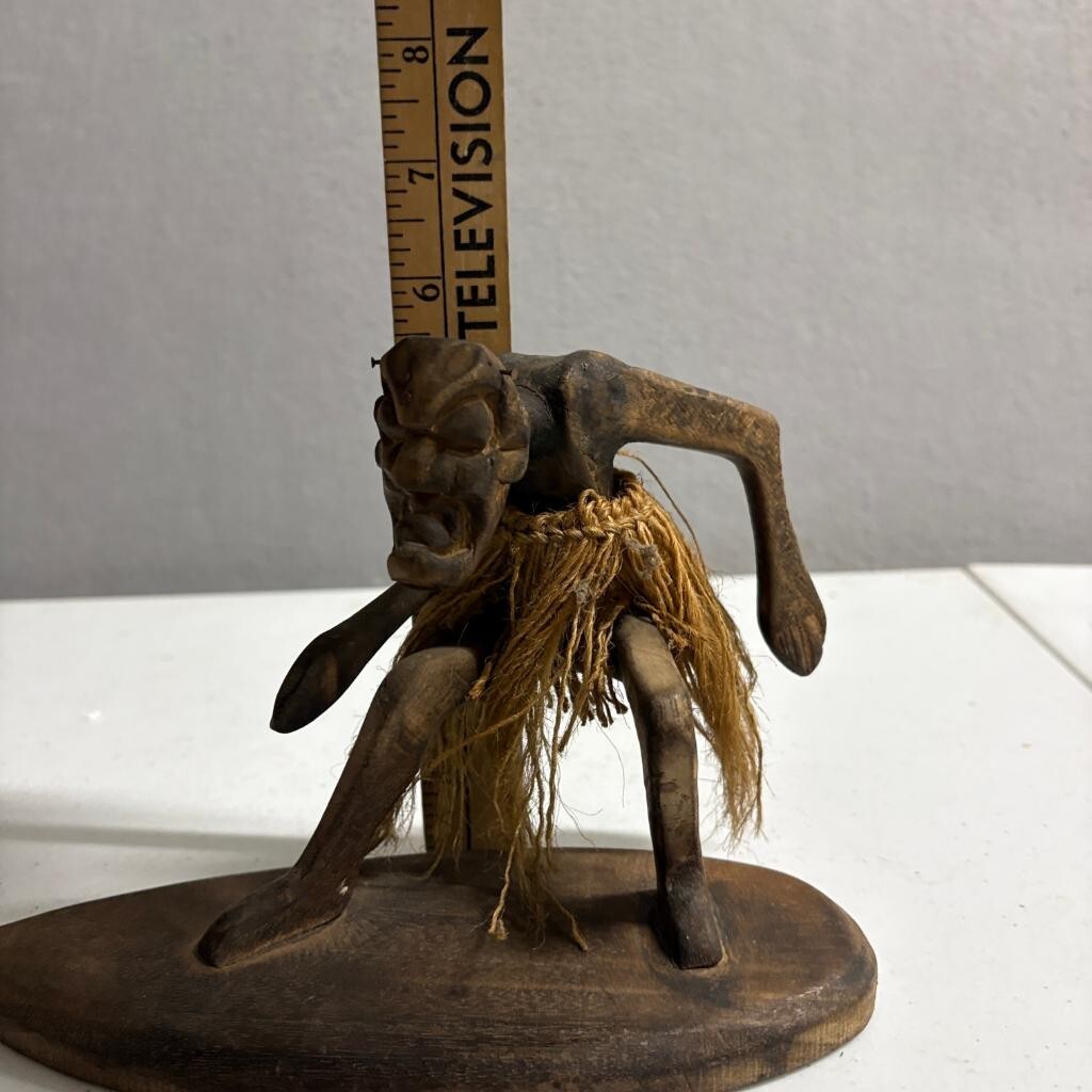 Vintage Hand Carved Wood Surfing Tiki Figure Hawaiian Folk Art Grass Skirt 6in