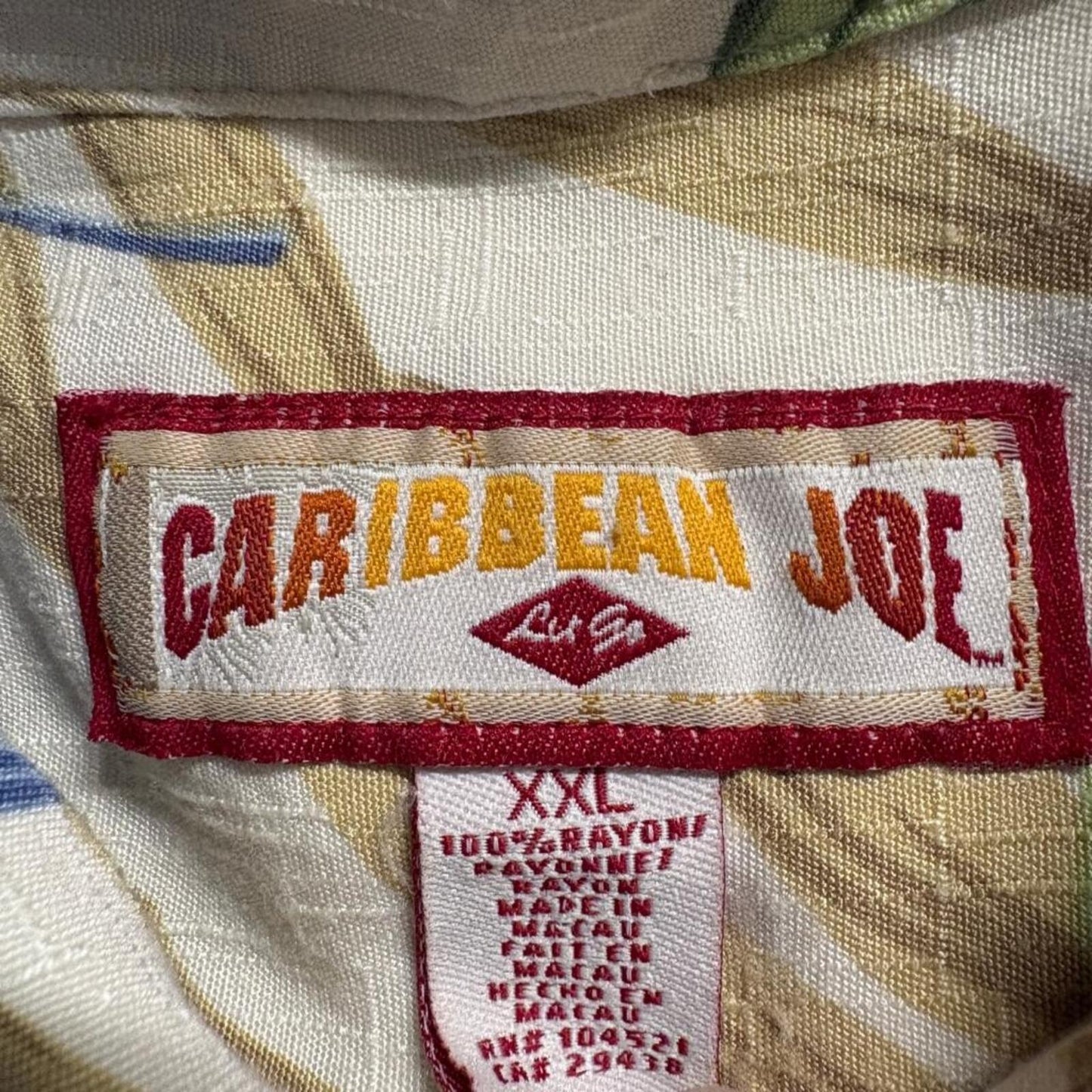 Caribbean Joe Hawaiian Shirt Mens XXL Beige Rayon Tropical Leaf Camp Button Up