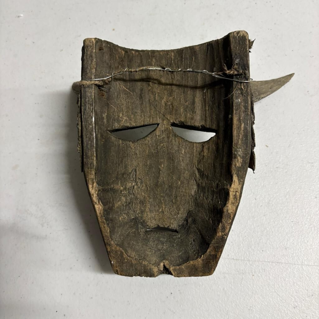 Vintage Hand Carved Wooden Horned Mask Folk Art Tribal Style Fur Accents 8 Inch