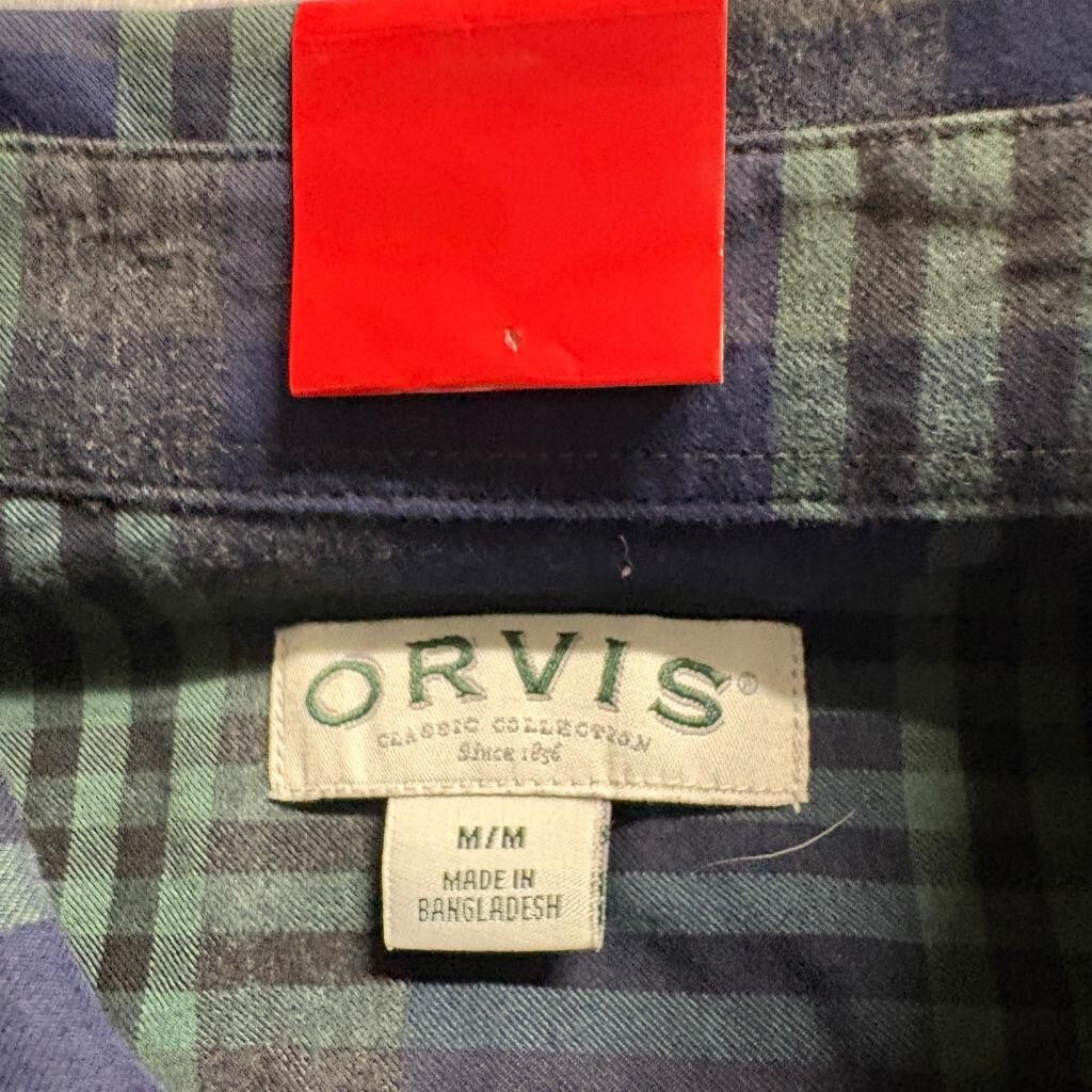Orvis Flannel Shirt Mens Medium Green Blue Plaid Long Sleeve Button Down New