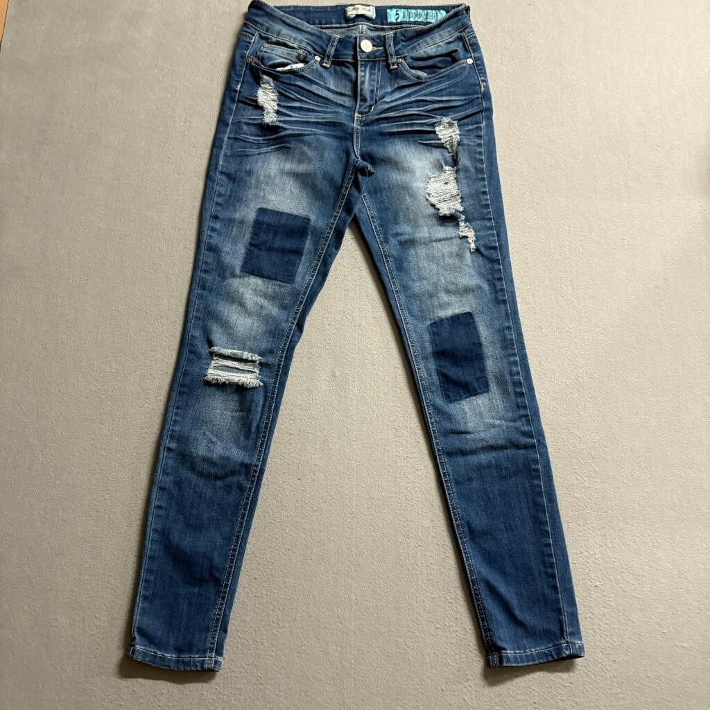 Indigo Rein Distressed Patchwork Skinny Jeans Womens Size 5 Blue Denim Stretch
