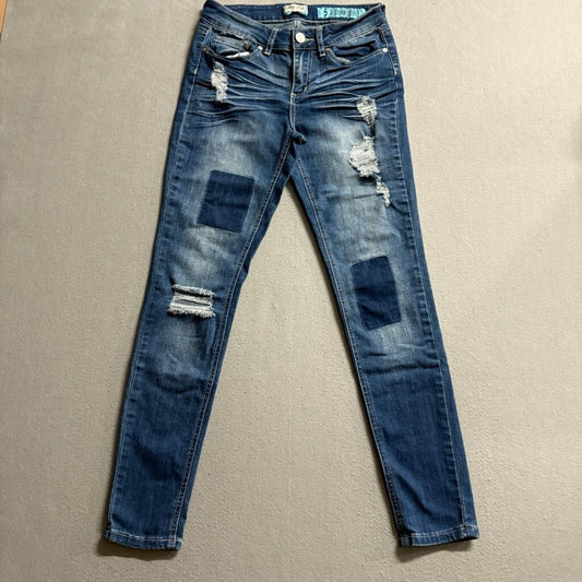Indigo Rein Distressed Patchwork Skinny Jeans Womens Size 5 Blue Denim Stretch