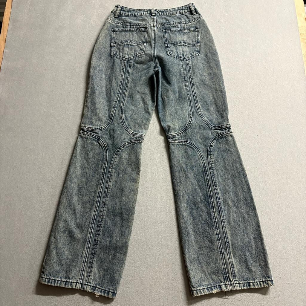 Fashion Nova Womens Wide Leg Jeans Size 3 Blue Acid Wash Seamed Panel Denim