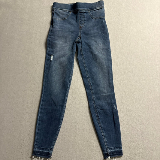 Spanx Jean-ish Ankle Skinny Denim Leggings Small Blue Pull On Distressed Raw Hem