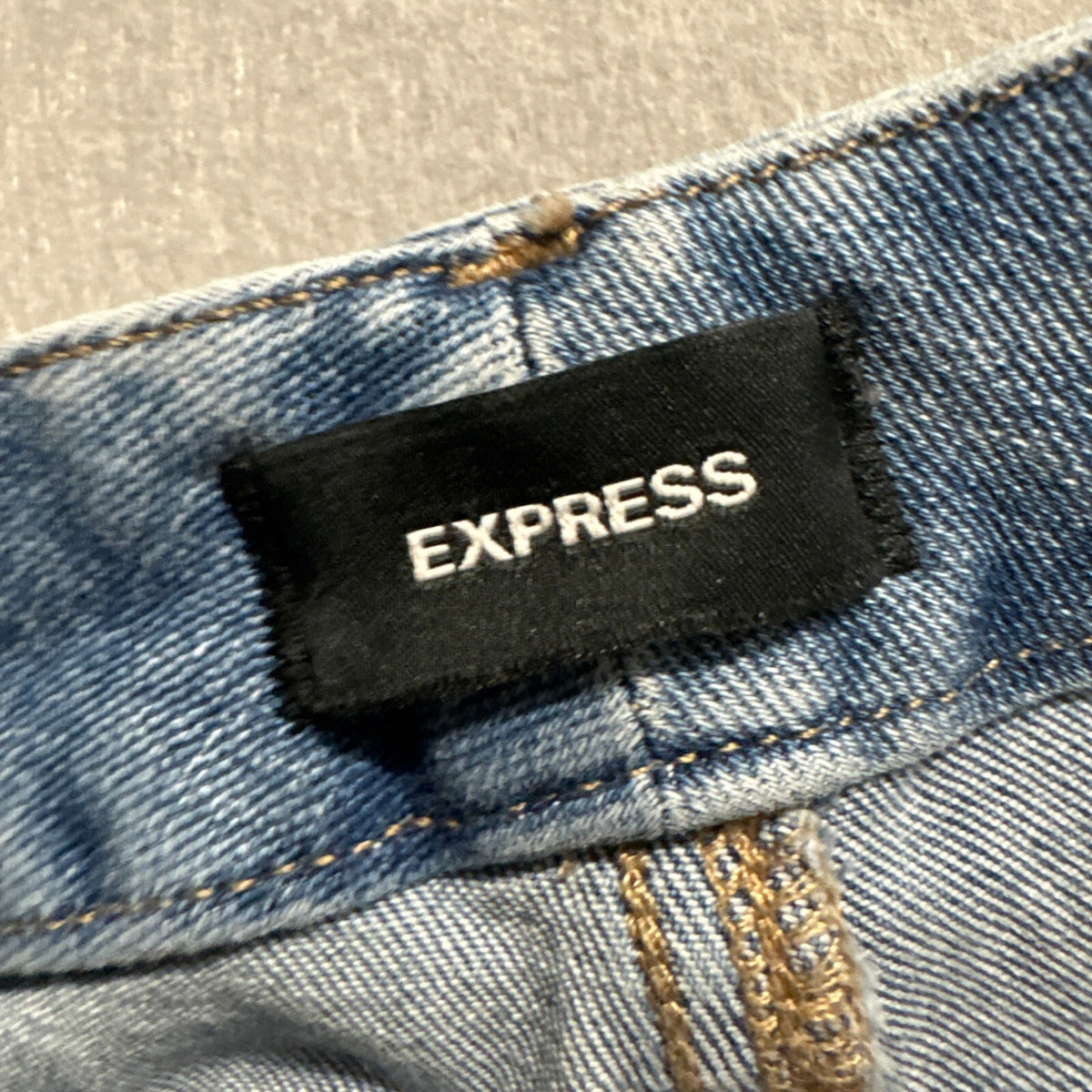 Express 70s Flare Jeans Womens Size S Reg Blue Denim Raw Hem Seam Front Mid Rise