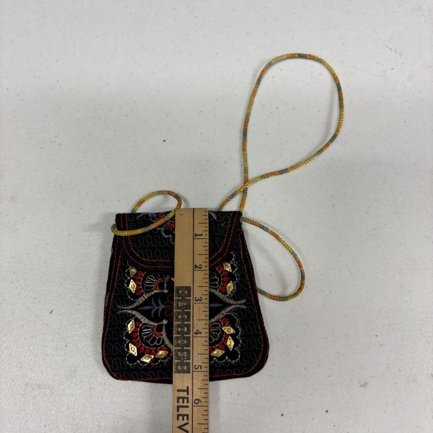 Vintage Embroidered Boho Crossbody Pouch Bag Black Velvet Beaded Sequined Small