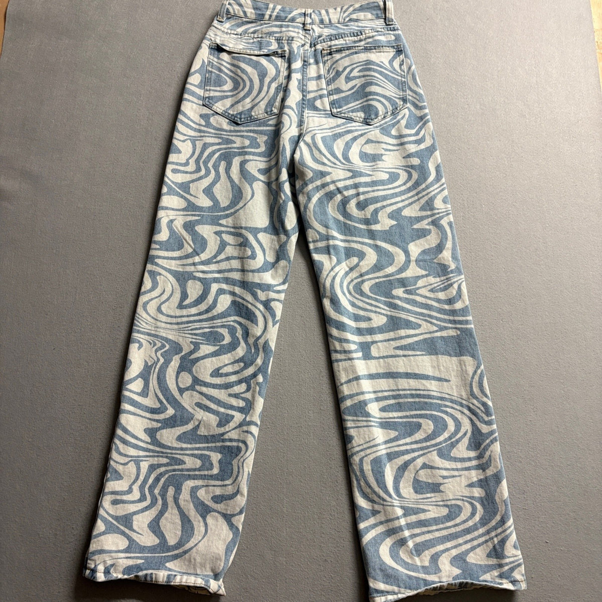 Shein Swirl Print Jeans Womens XS Blue White High Rise Straight Leg Denim Pants