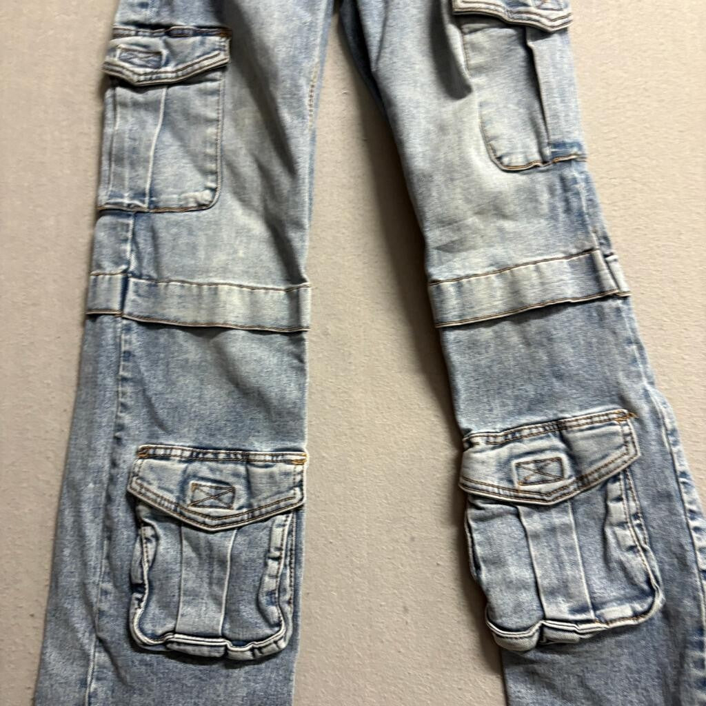 Love Trends Cargo Jeans Womens Size 3 Blue Denim Wide Leg Multi Pocket Stretch
