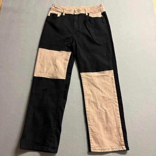 Colorblock Patchwork Straight Leg Jeans Womens Large Black Tan Two Tone High