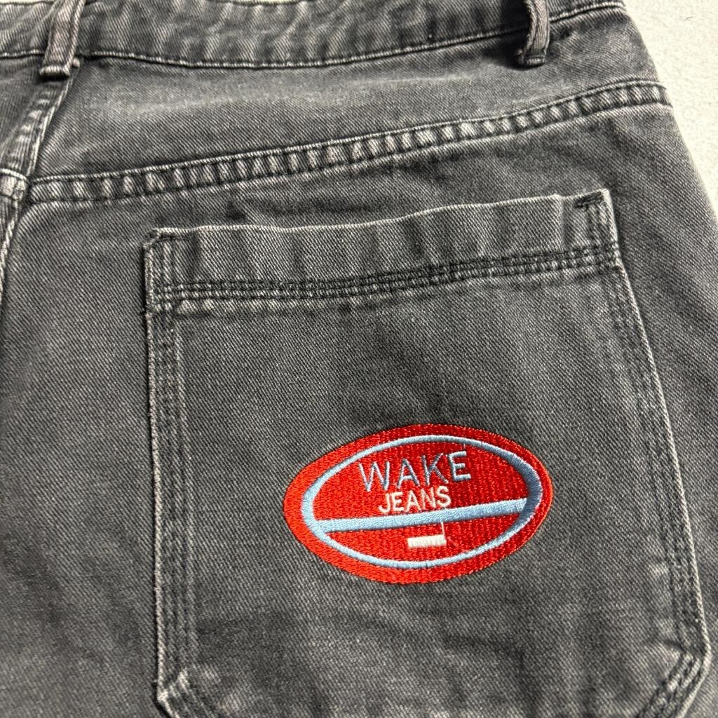 Shein Curve Mens 0XL Gray Denim Cargo Pants Wake Jeans Embroidered Patch