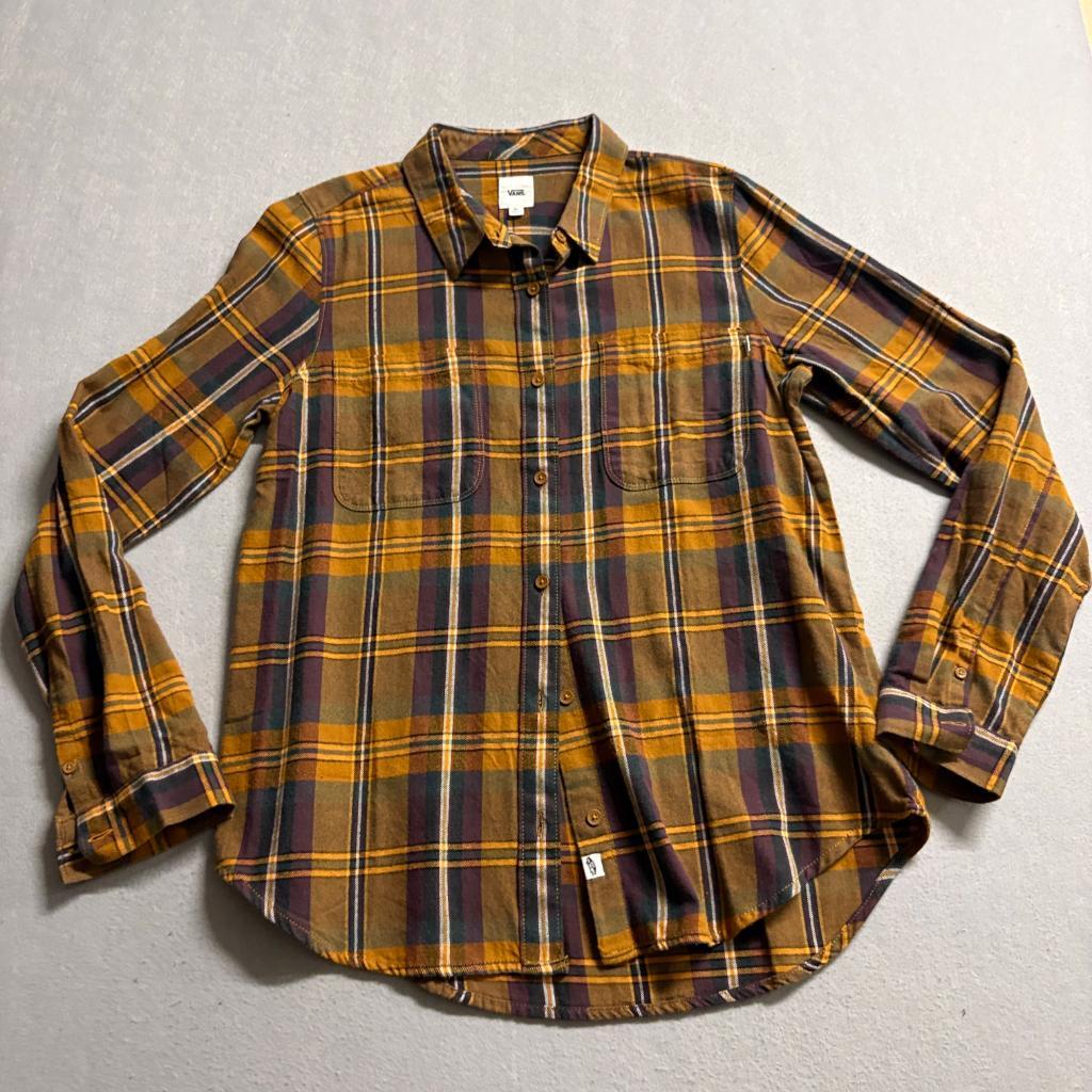 Vans Off The Wall Plaid Flannel Shirt Womens XL Mustard Yellow Purple Cotton