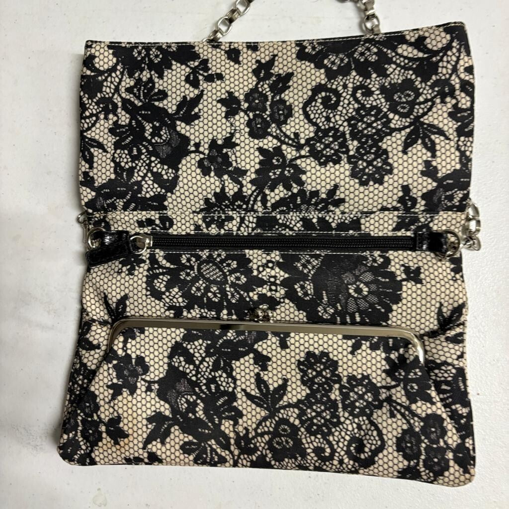 Unbranded Black Lace Print Evening Clutch Bag Silver Chain Strap Kiss Lock
