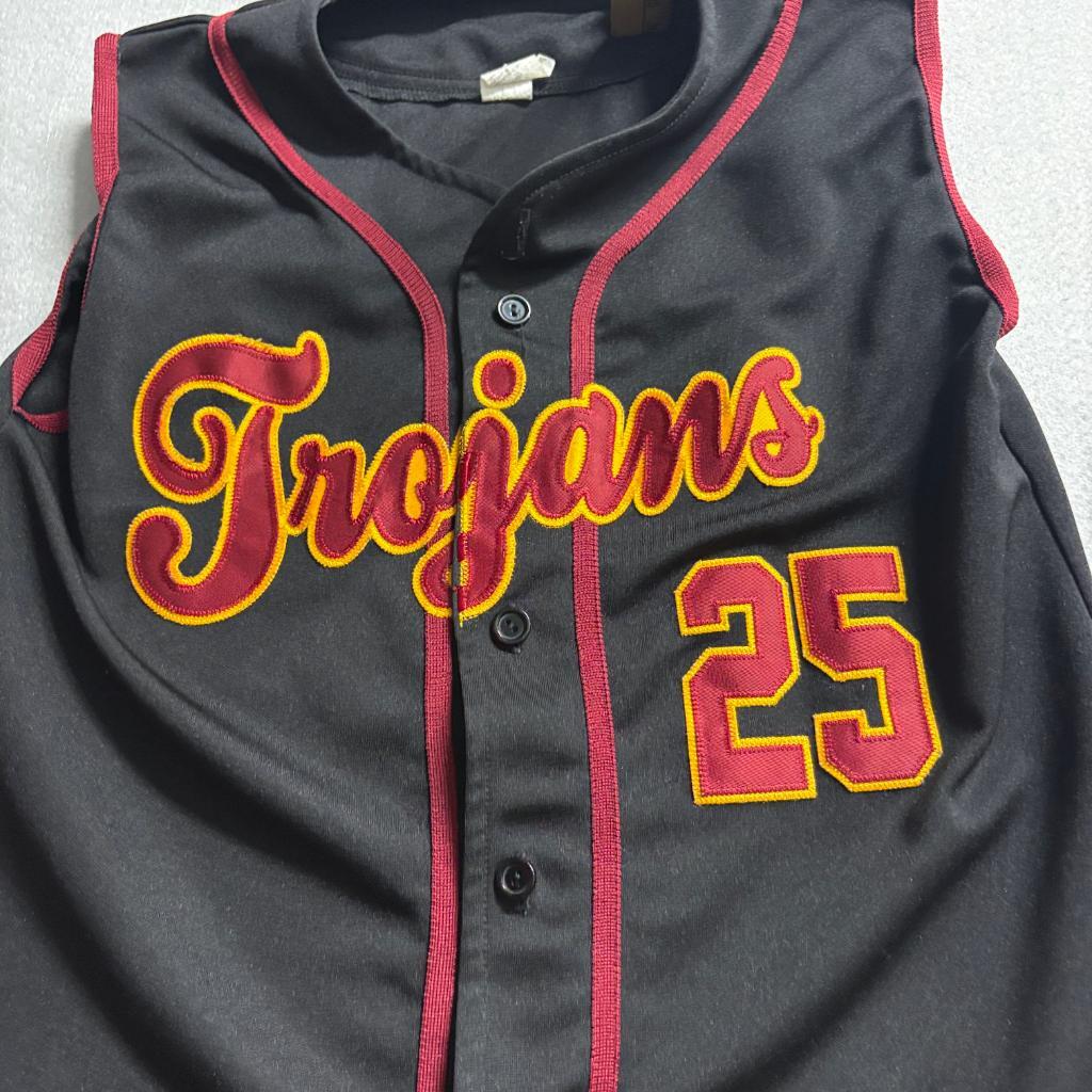 USC Trojans Sleeveless Baseball Jersey Youth L Black Red Yellow Button Up #25