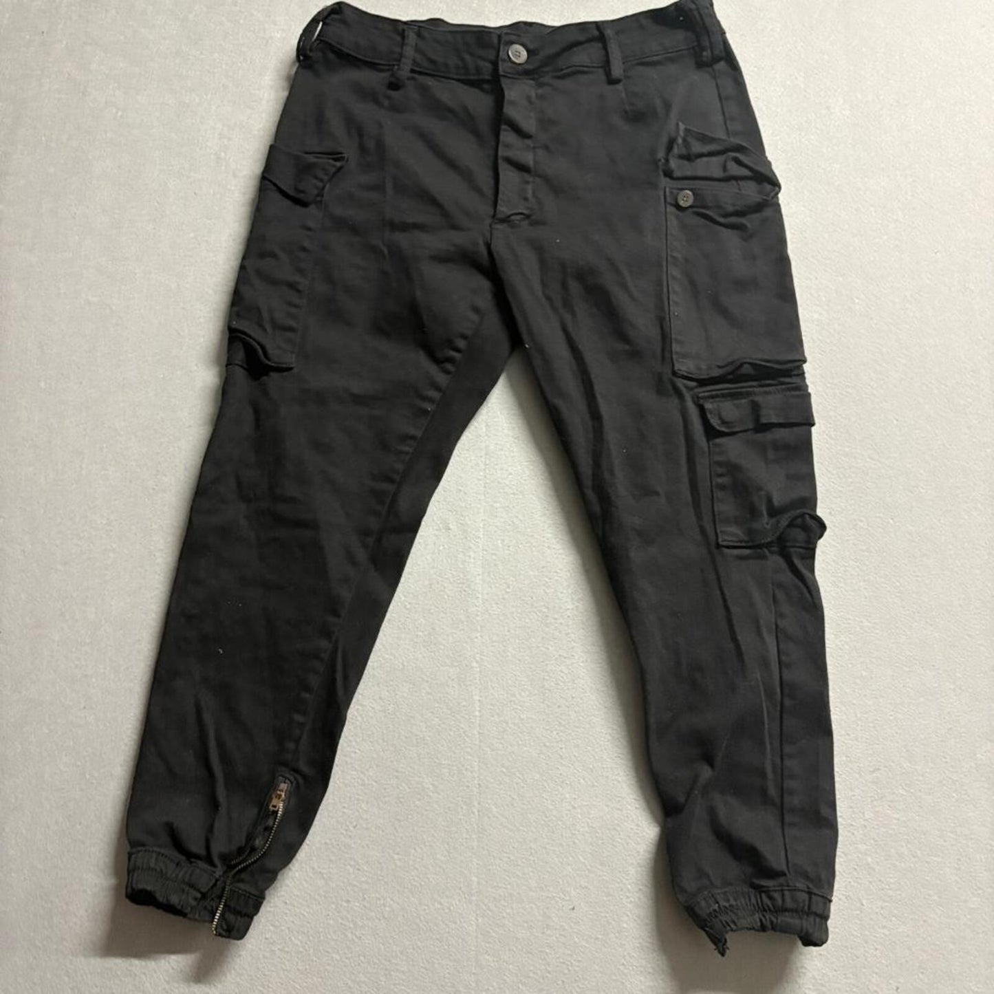 Fashion Nova Mens Cargo Jogger Pants Large Black Ankle Zip Stretch Cotton Blend